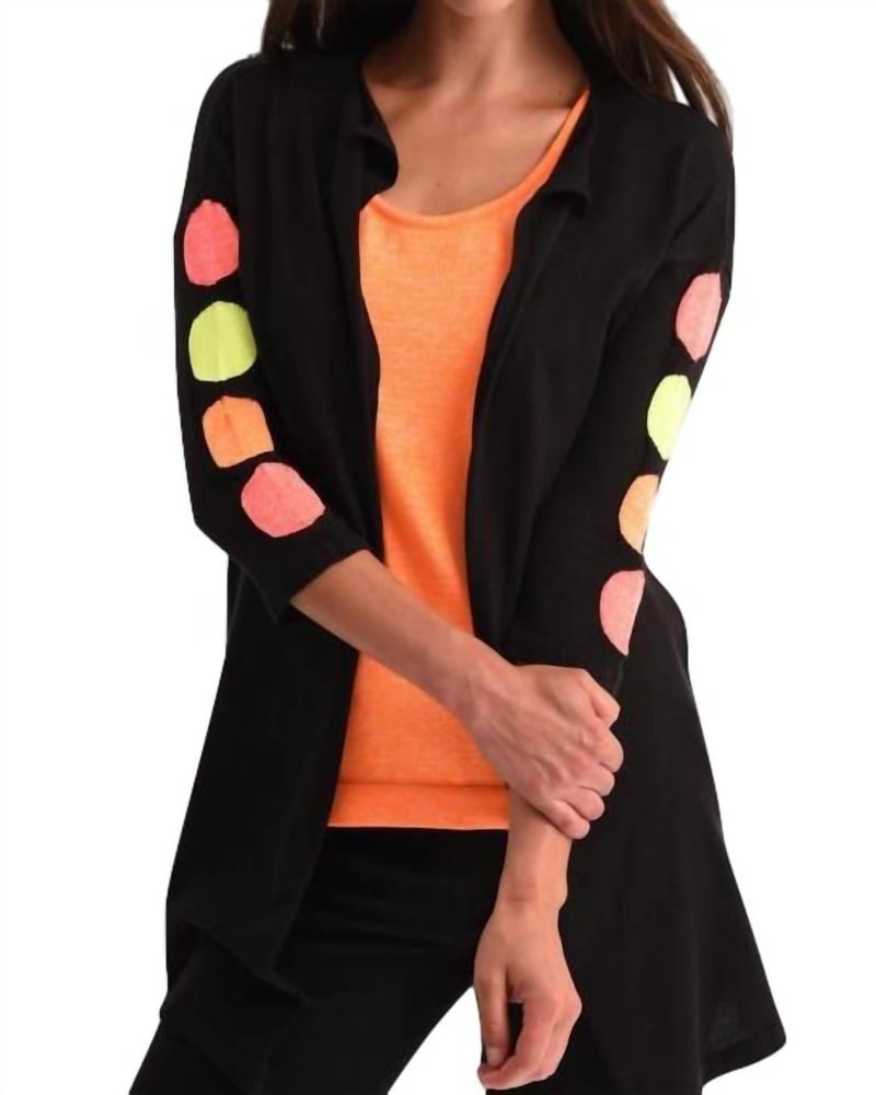 Front of a model wearing a size XL Polkadot 3/4 Sleeve Cardigan in Black/Neon in Black/Neon by ANGEL. | dia_product_style_image_id:327675